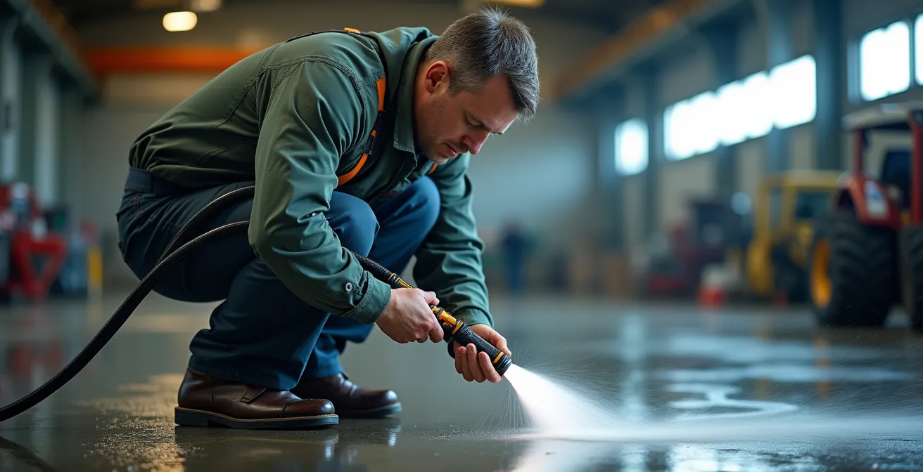 Technicien manipulant une lance d'hydrodécapage sur surface béton