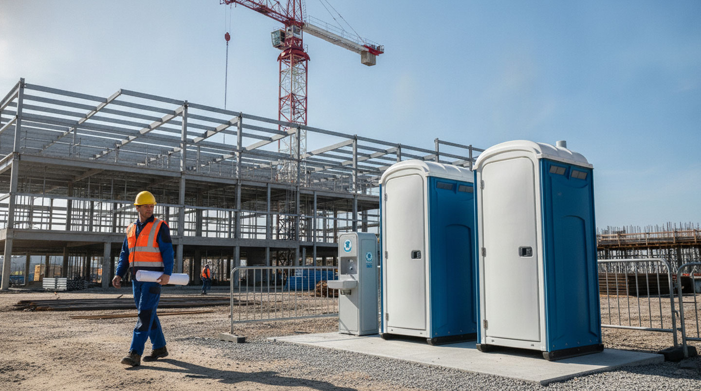 Schéma isométrique 3D montrant trois scénarios de chantier avec le ratio conforme de toilettes selon l'effectif : 5 personnes avec 1 WC, 15 personnes avec 2 WC, 30 personnes avec 3 WC