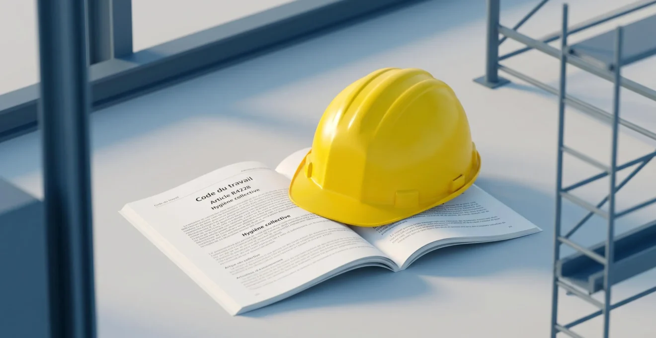 Casque de chantier jaune posé sur un document du Code du travail ouvert à l'article R4228, avec une structure géométrique de chantier floue en arrière-plan