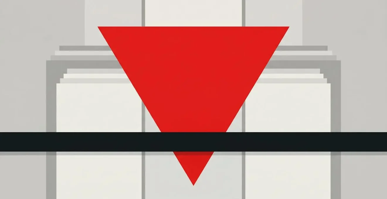 Composition abstraite géométrique avec un triangle rouge inversé traversé par une bande noire symbolisant l'alerte réglementaire et les sanctions
