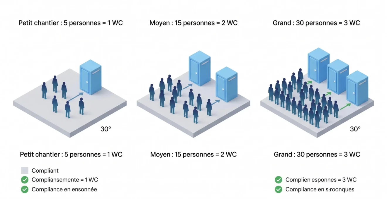 Schéma isométrique 3D montrant trois scénarios de chantier avec le ratio conforme de toilettes selon l'effectif : 5 personnes avec 1 WC, 15 personnes avec 2 WC, 30 personnes avec 3 WC