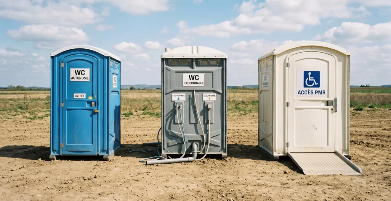 Trois cabines sanitaires de chantier alignées sur un terrain vierge : WC autonome bleu, WC raccordable gris avec tuyaux apparents et WC PMR blanc avec rampe d'accès