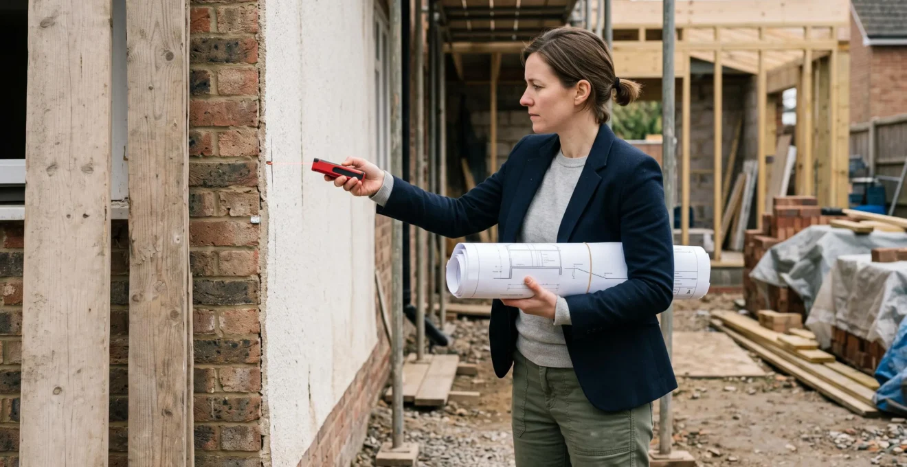 Architecte effectuant des relevés de mesures laser sur une maison existante avec plans d'extension