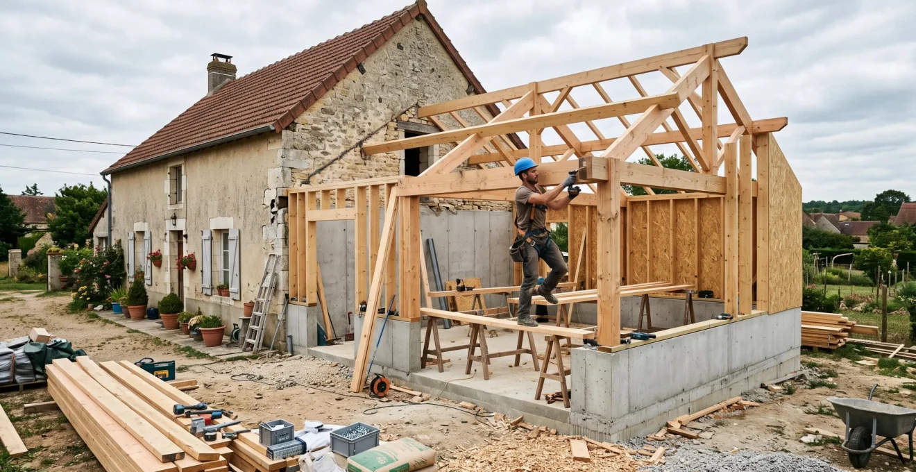 Chantier d'extension de maison individuelle en construction avec ossature bois et fondations apparentes