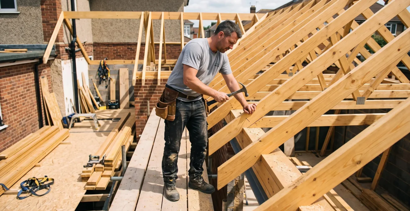Charpentier assemblant la structure en bois de la toiture d'une extension de maison