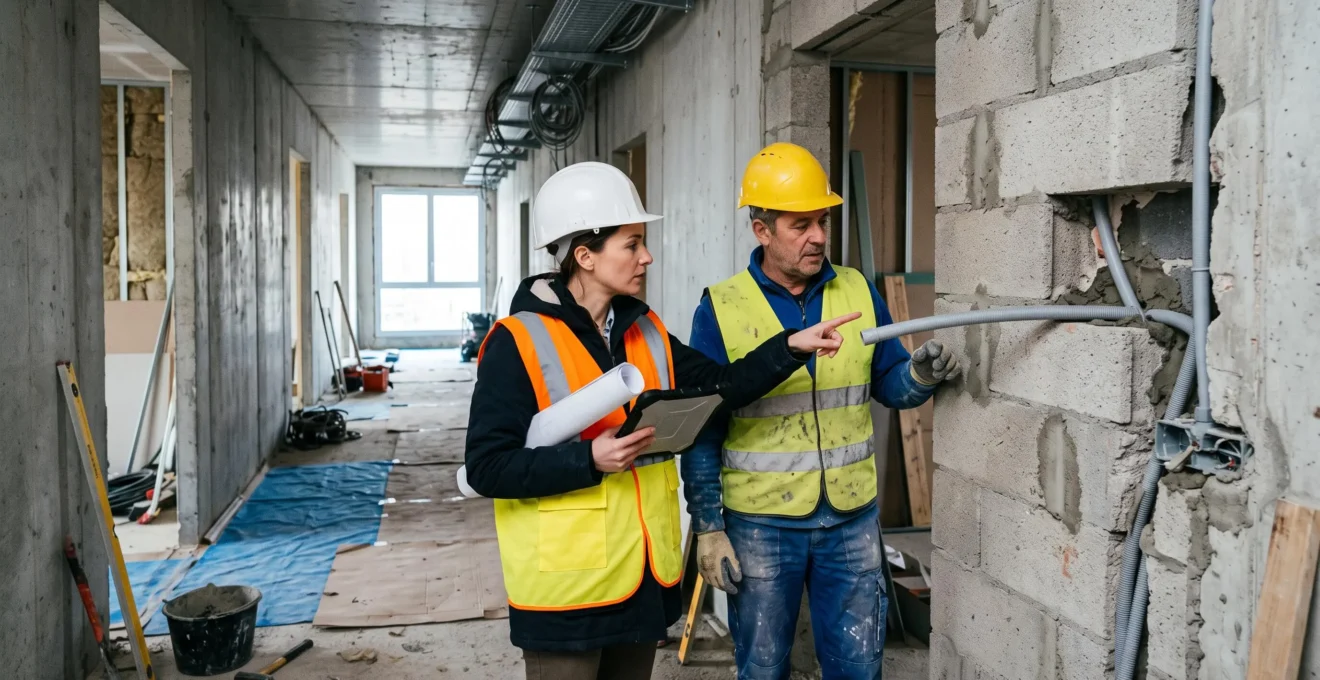 Un conducteur de travaux et un maçon vérifient le passage d'une gaine électrique dans une cloison sur un chantier.
