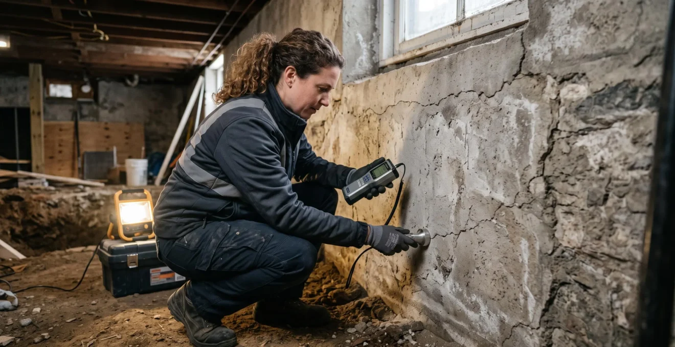 Ingénieur structure inspectant les fondations en béton d'une maison avant travaux d'agrandissement