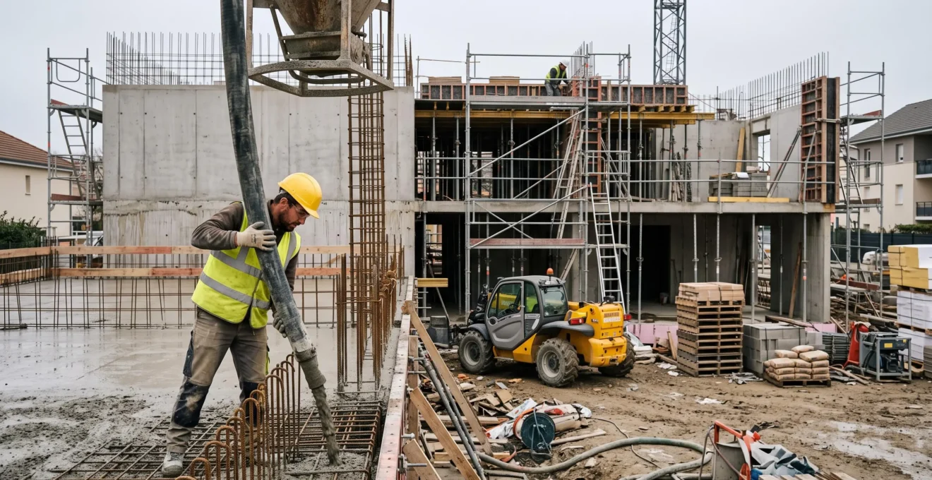 Un maçon guide le coulage de béton pour un plancher sur un chantier de bâtiment en cours de construction.