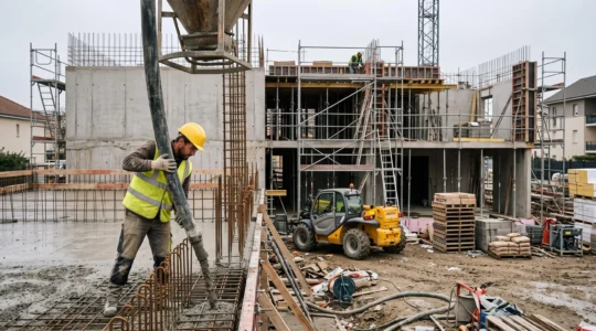 Un maçon guide le coulage de béton pour un plancher sur un chantier de bâtiment en cours de construction.