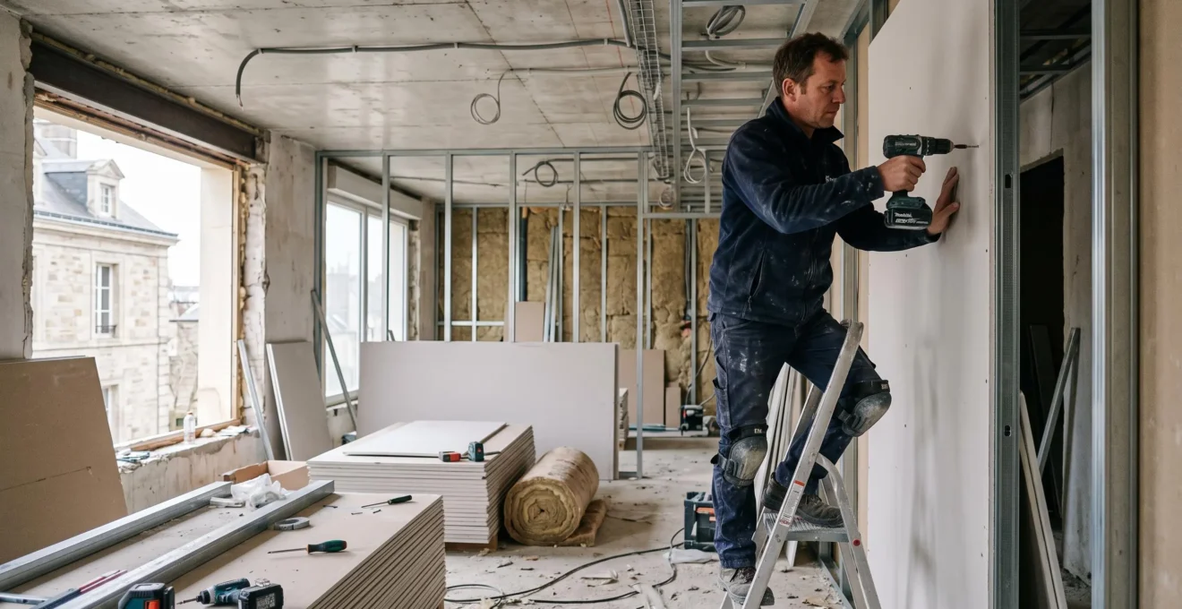 Un plaquiste visse une plaque de plâtre sur une cloison métallique dans un bâtiment en cours d'aménagement.