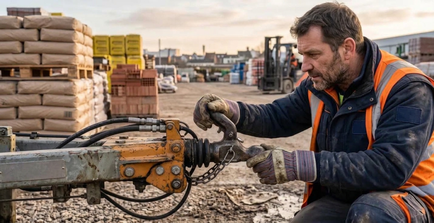 Un technicien vérifie le système de fixation d'une grue tractable dans un dépôt