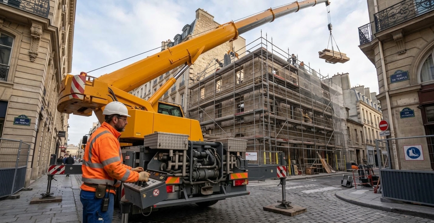 Un conducteur stabilise une grue sur camion déployée devant un bâtiment en rénovation