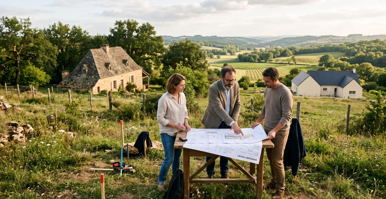 Un couple et un architecte étudient des plans face à des maisons traditionnelles en Dordogne.