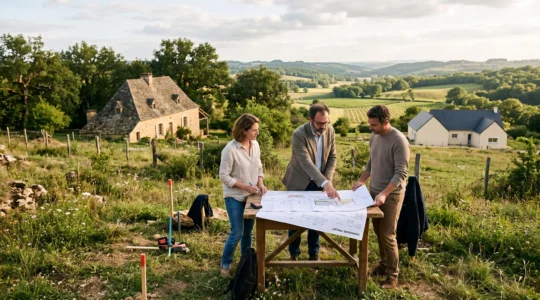 Un couple et un architecte étudient des plans face à des maisons traditionnelles en Dordogne.