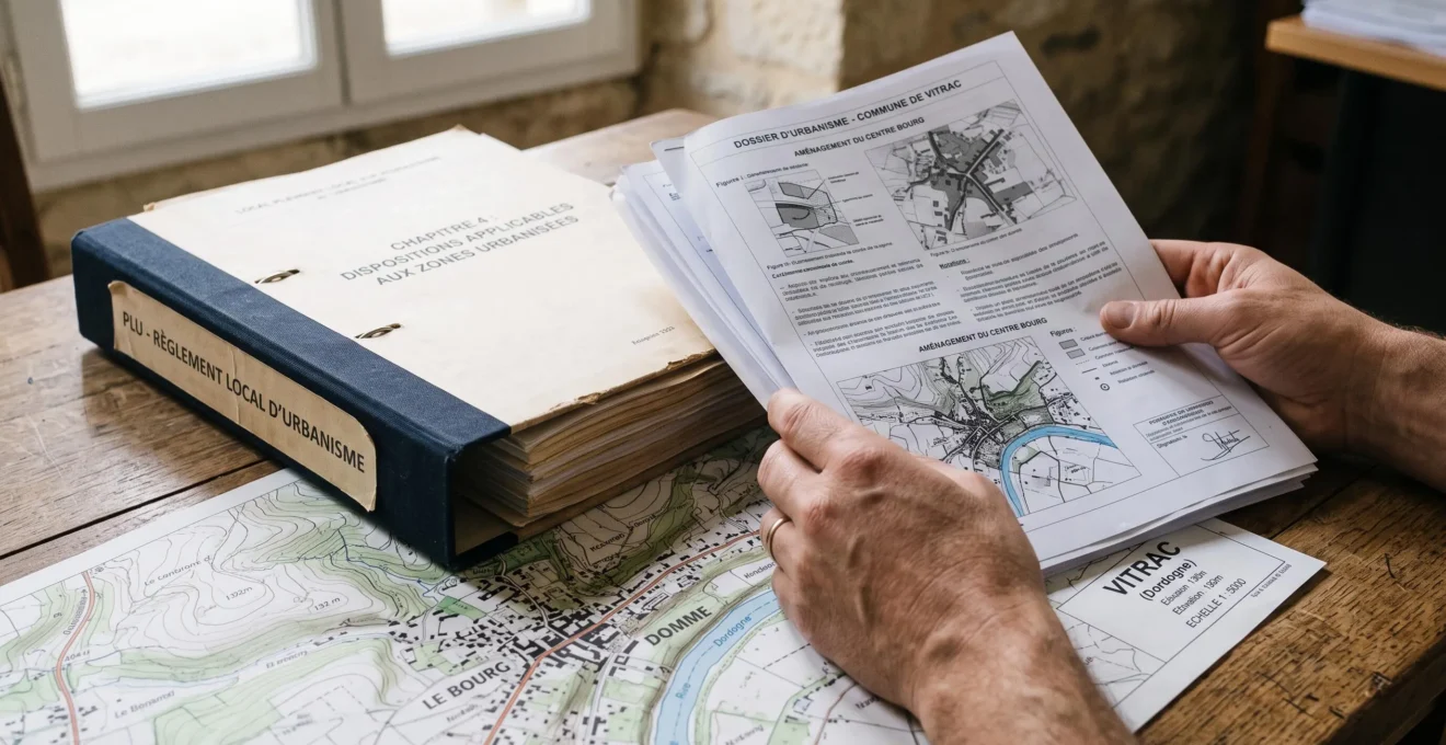 Une main tient un document d'urbanisme posé à côté de plans sur une table.